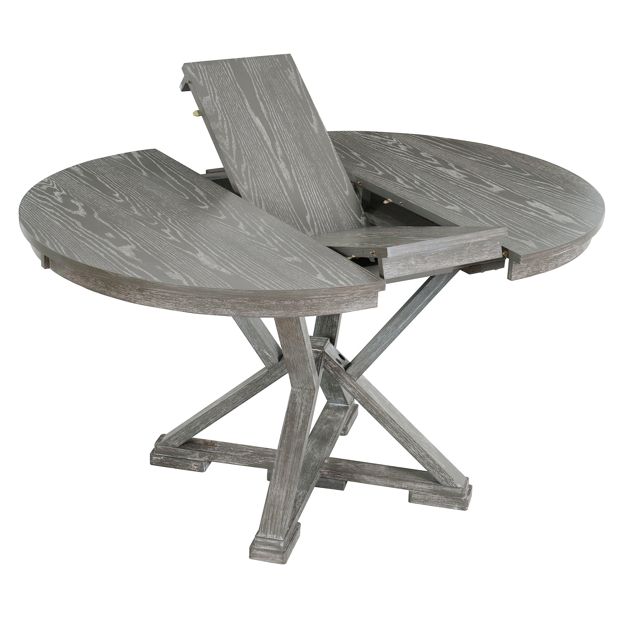 TREXM 5-Piece Extendable Round Dining Table Set for 4 - Vintage Grey Rubberwood & Linen Upholstered Chairs - 42"-54" Oval/Round Table for Kitchen, Dining Room, Living Room