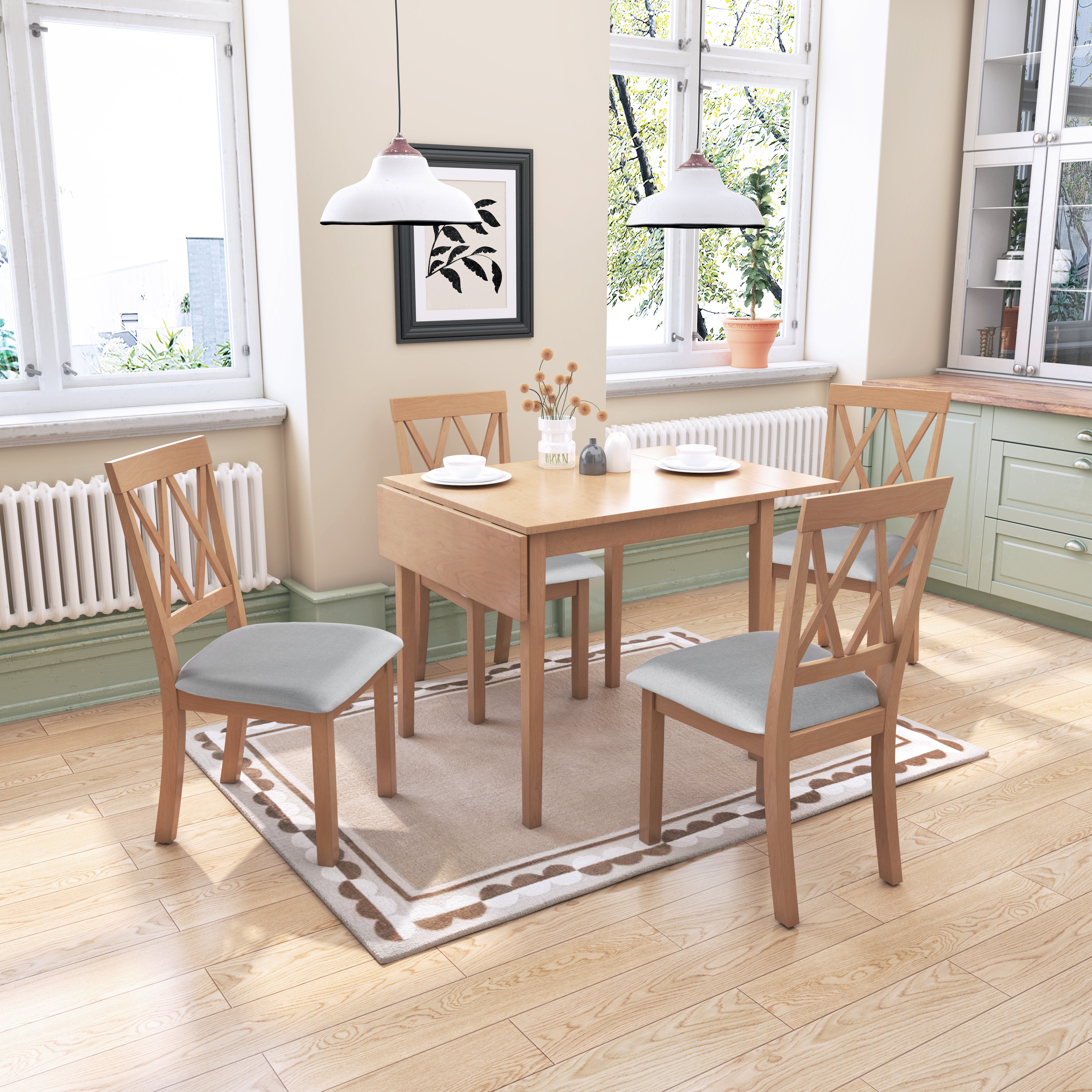 Farmhouse 5-Piece Extendable Dining Set: Natural Drop Leaf Table & 4 Upholstered Chairs for Small Kitchens, Solid Wood & MDF, Space-Saving Design