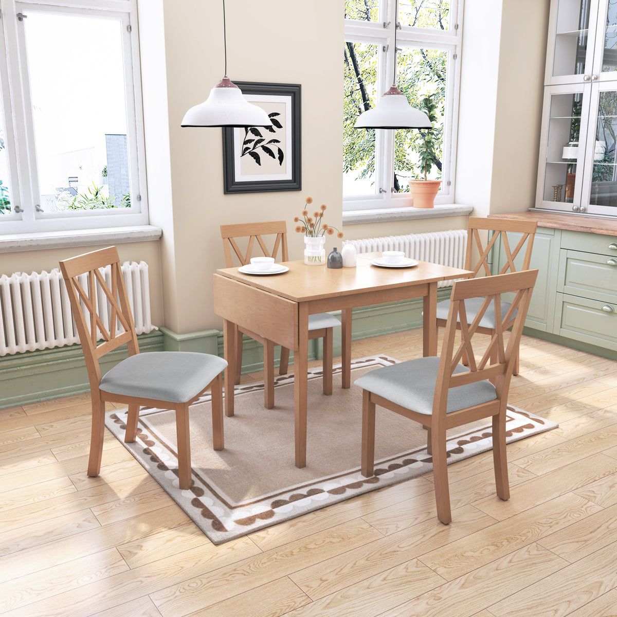 Farmhouse 5-Piece Extendable Dining Set: Natural Drop Leaf Table & 4 Upholstered Chairs for Small Kitchens, Solid Wood & MDF, Space-Saving Design