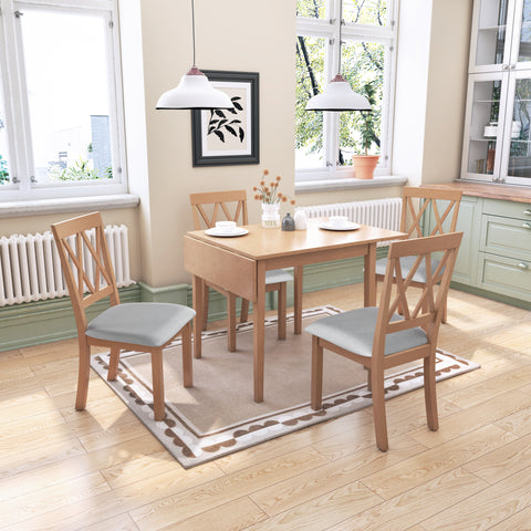 Farmhouse 5-Piece Extendable Dining Set: Natural Drop Leaf Table & 4 Upholstered Chairs for Small Kitchens, Solid Wood & MDF, Space-Saving Design
