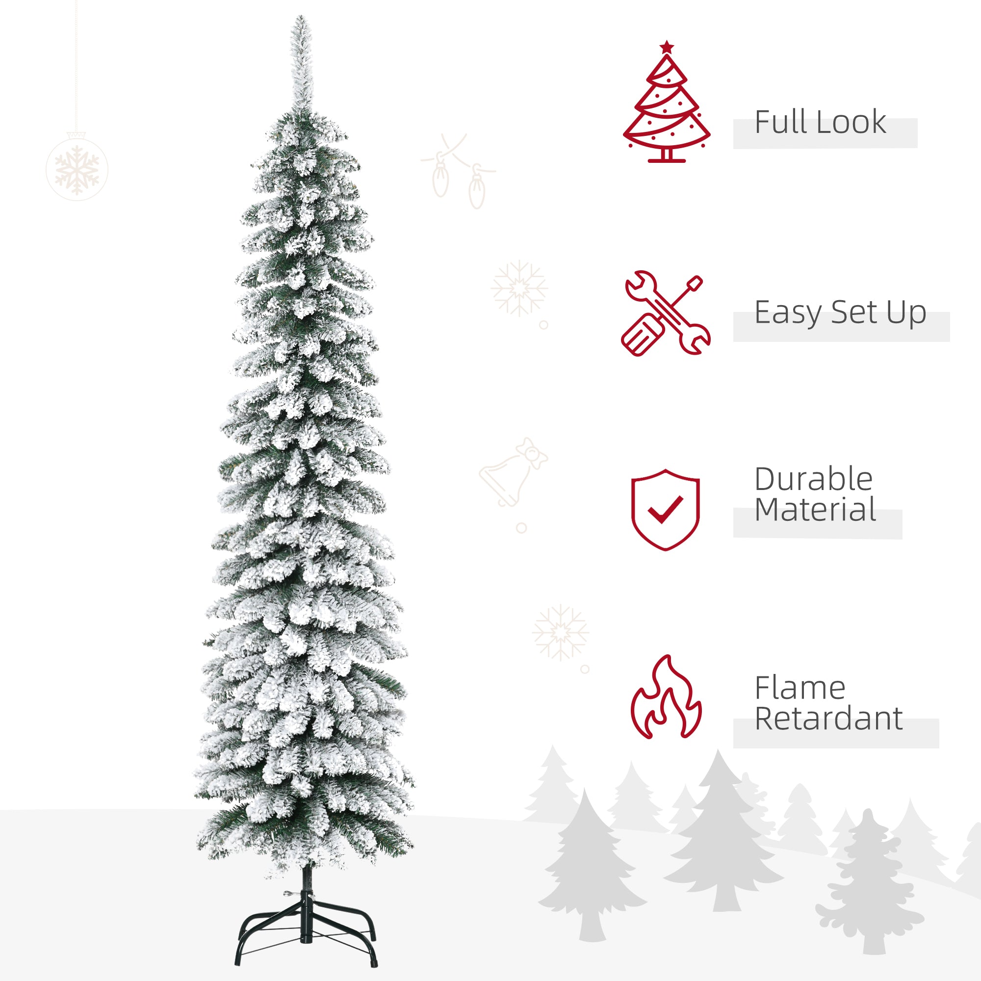 HOMCOM 6ft Slim Pencil Artificial Christmas Tree, Unlit Snow Flocked Green Xmas Tree with 395 Realistic Tips, Plastic, for Home &amp; Office Holiday Decor