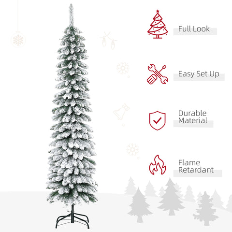 HOMCOM 6ft Slim Pencil Artificial Christmas Tree, Unlit Snow Flocked Green Xmas Tree with 395 Realistic Tips, Plastic, for Home &amp; Office Holiday Decor