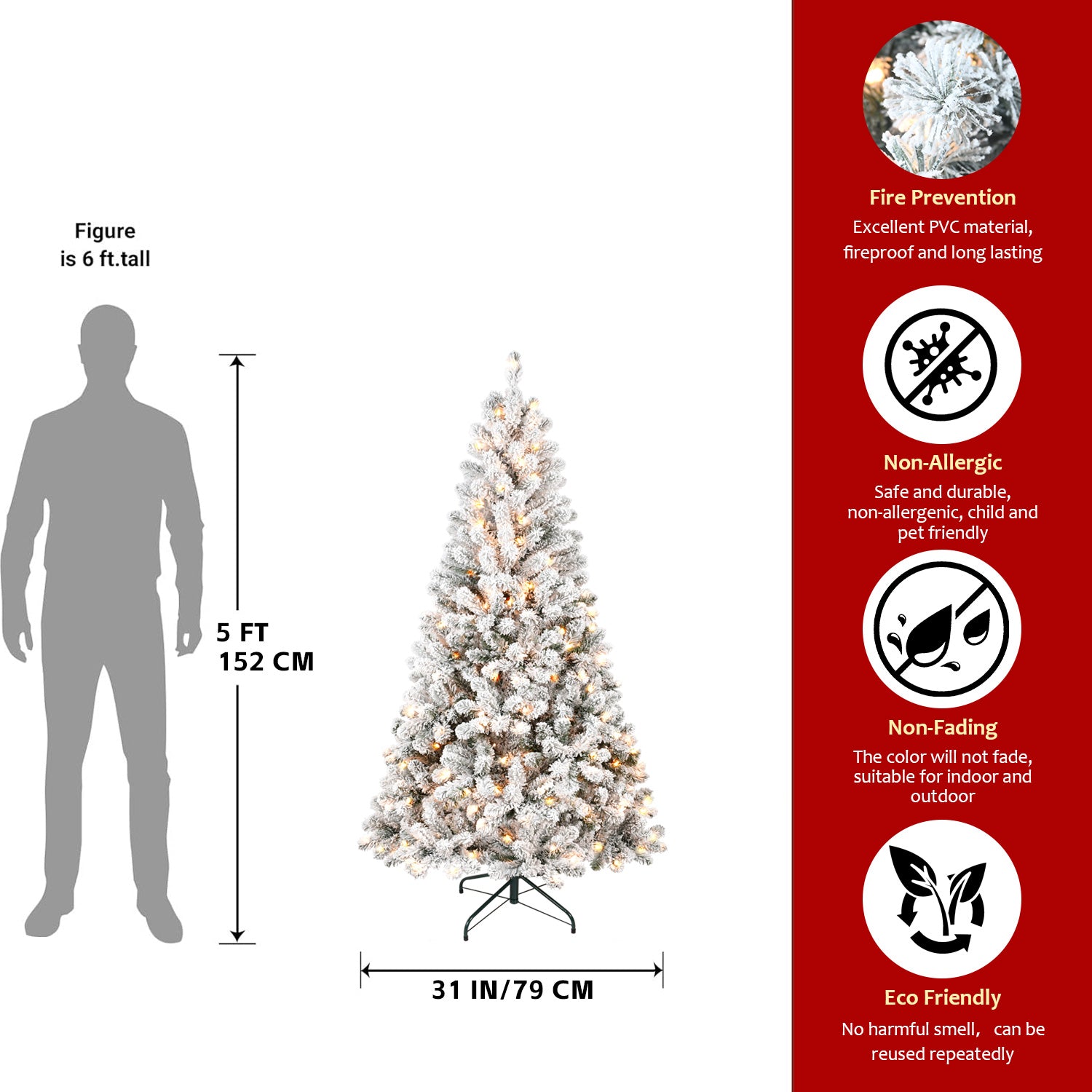4FT Snow-Flocked Christmas Tree with 100 Warm White Incandescent Lights - Realistic Snowy Artificial Holiday Tree, 233 Tips, Sturdy Metal Stand for Cozy Home, Office, Apartment Decor