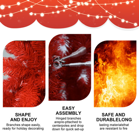 7FT All-Red PVC Christmas Tree | 1066 Lush Tips, Hinged Branches for Easy Setup | Stable Metal Stand | Bold Holiday Decor for Living Room &amp; Party