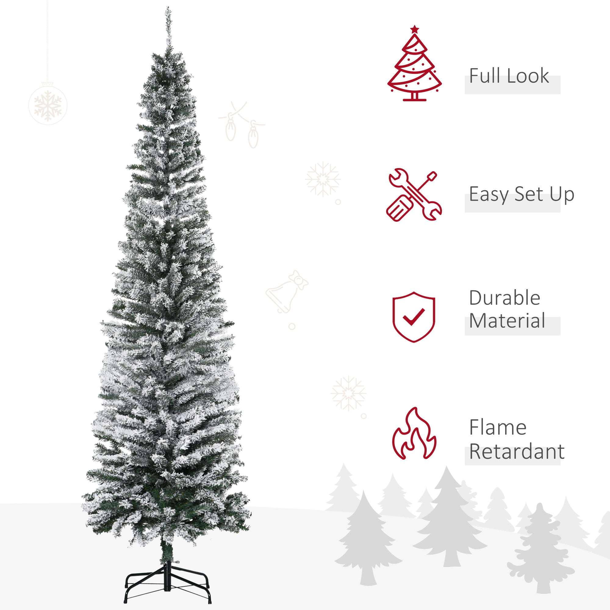 HOMCOM 7.5ft Snow-Flocked Slim Artificial Christmas Tree | Realistic PVC Branches, 738 Tips | Green, Unlit | Sturdy Metal Base for Home Holiday Decor
