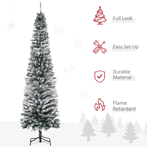 HOMCOM 7.5ft Snow-Flocked Slim Artificial Christmas Tree | Realistic PVC Branches, 738 Tips | Green, Unlit | Sturdy Metal Base for Home Holiday Decor