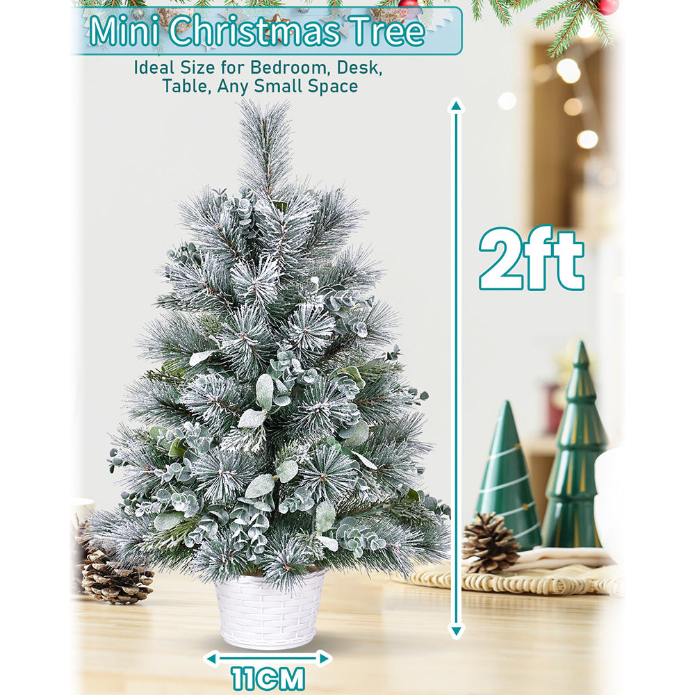 2ft White & Green Tabletop Christmas Tree: 68 Tips, Eucalyptus & Pine Accents, Lightly Flocked PVC with Stable Cement Base - Perfect for Desks, Mantels & Holiday Decor