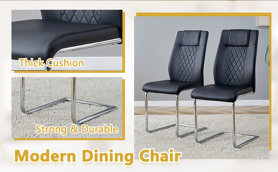 55" Cream-Style White MDF Dining Table Set with 6 Black PU Chairs & Silver Metal Legs - Modern Kitchen Furniture for Family Meals, Seats 6, Durable & Easy Assembly