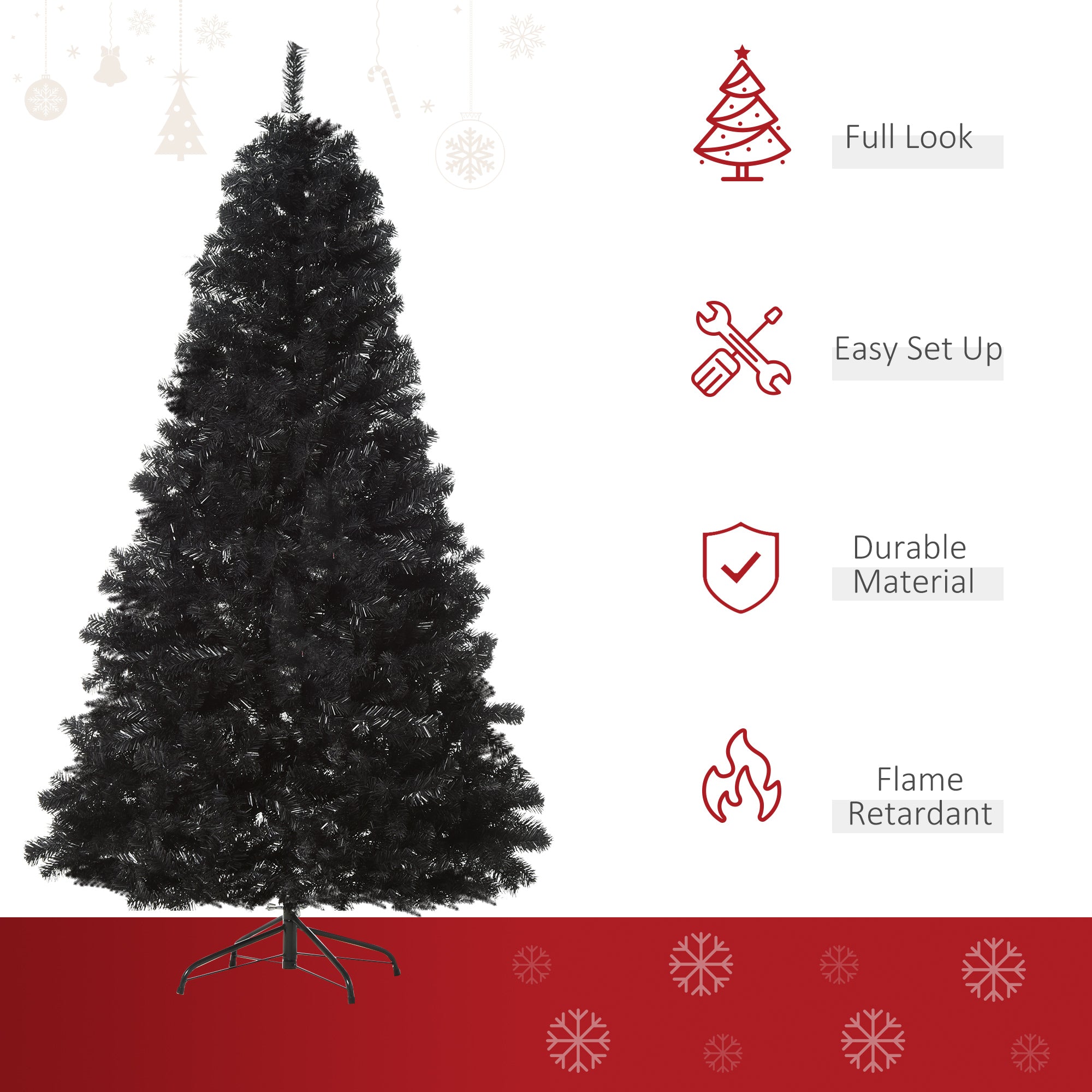 HOMCOM 7ft Black Douglas Fir Artificial Christmas Tree - Unlit, Realistic Plastic Branches, 1346 Tips, Sturdy Metal Base for Halloween & Holiday Decor