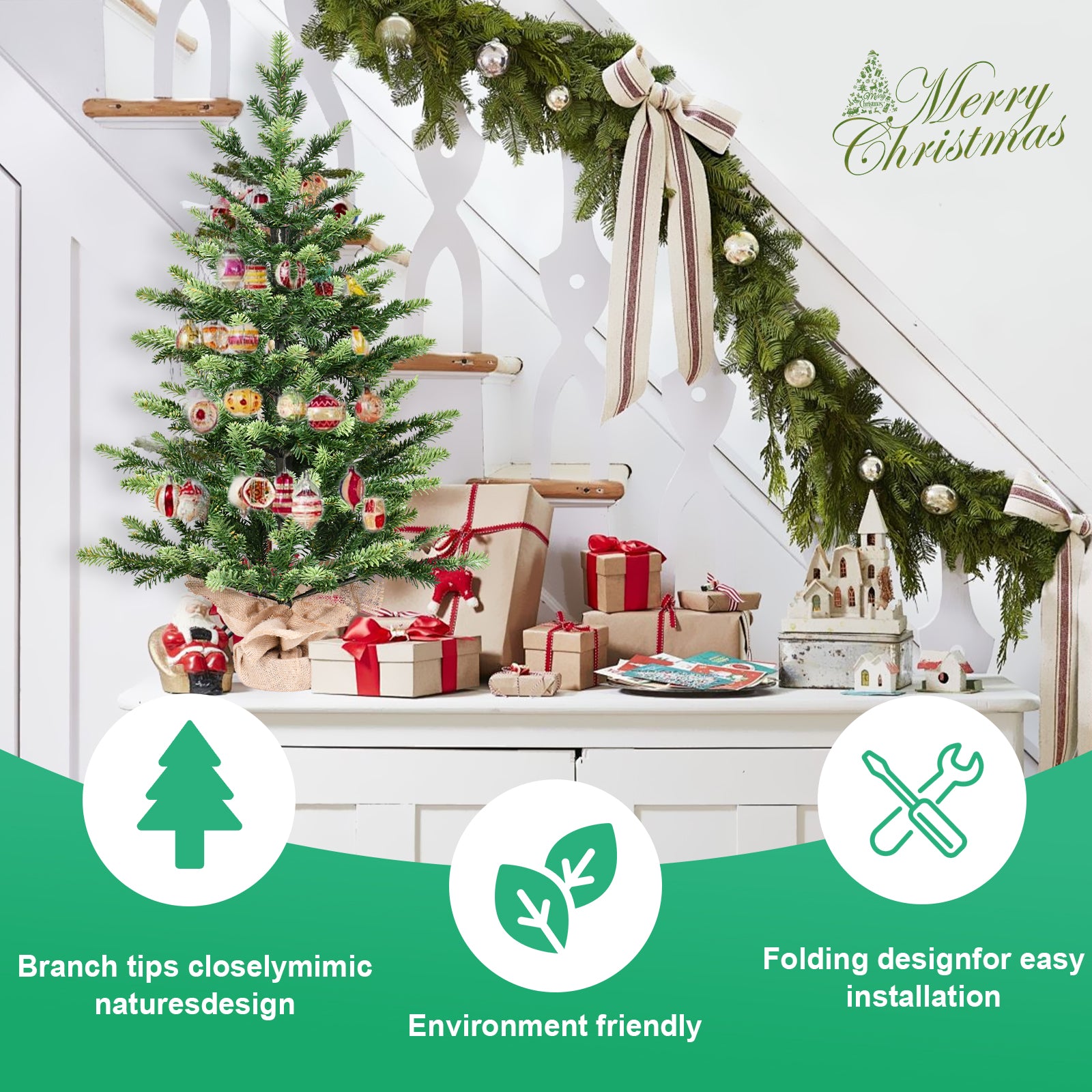 2FT Realistic Full PE Christmas Tree | 230 Lush Tips, Green Mini Tabletop Decor | Cement-Filled Base for Home, Office, Dorm Entryway Holiday Charm