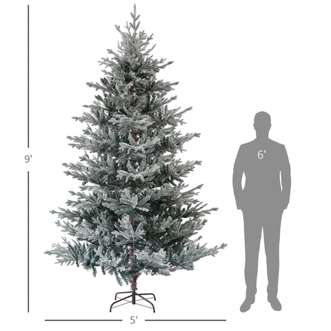 9ft Snow Flocked Nordic Pine Artificial Christmas Tree - Hinged, Flame Retardant, Easy Assembly w/ Foldable Metal Stand for Indoor Home &amp; Office Holiday Decor