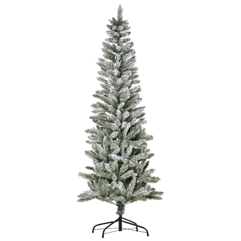 HOMCOM 6ft Snow-Flocked Slim Pine Artificial Christmas Tree | Realistic Green Branches, 394 Tips | Auto-Open, Sturdy Steel Base | Indoor Holiday Decor, Living Room, Party