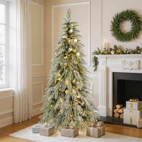 5FT Snow Flocked Spruce Christmas Tree, Hinged Artificial Xmas Tree with Warm White LED Lights, Realistic PE/PVC Needles, Easy Setup for Holiday Home &amp; Office Decor, White/Green