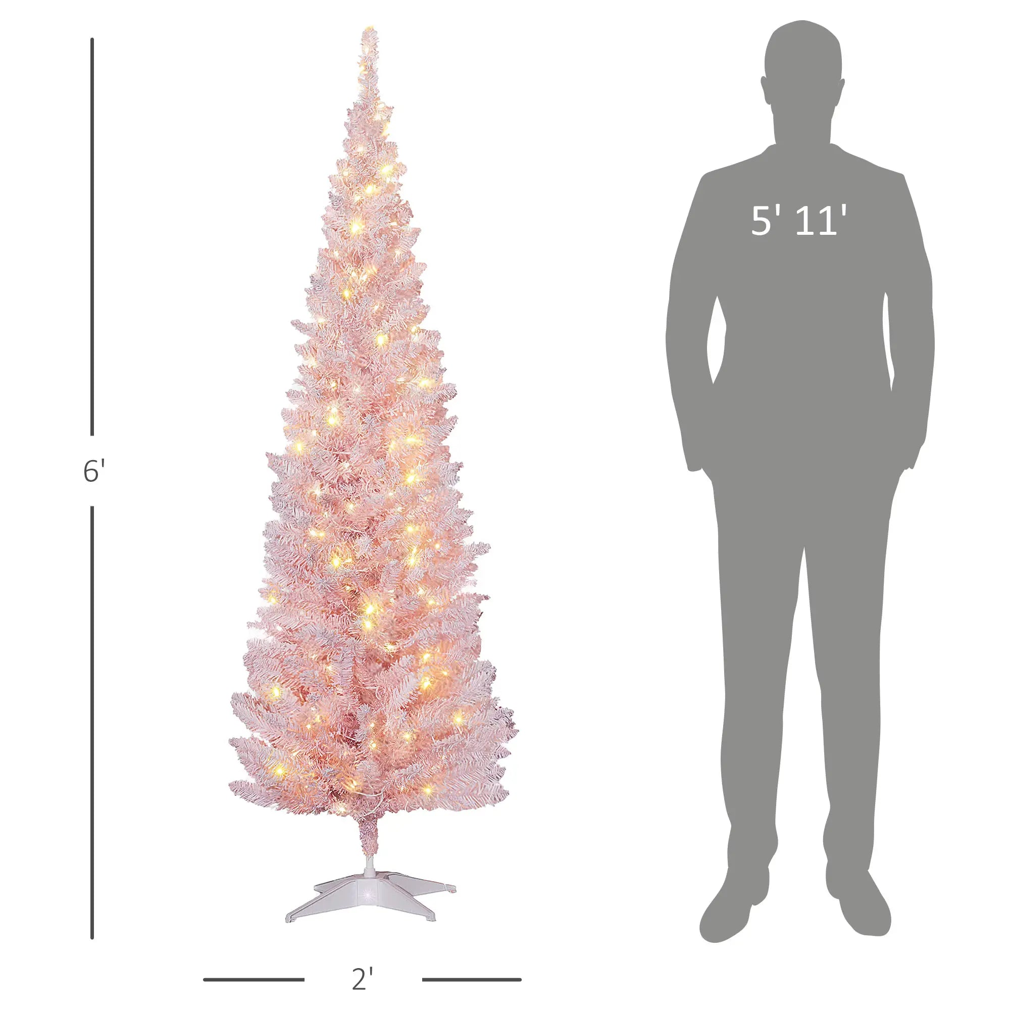 Pink 6FT Pencil Christmas Tree with Warm White LED Lights - Realistic Flame-Retardant Plastic for Cozy Home & Apartment Decor - Easy Setup & Storage