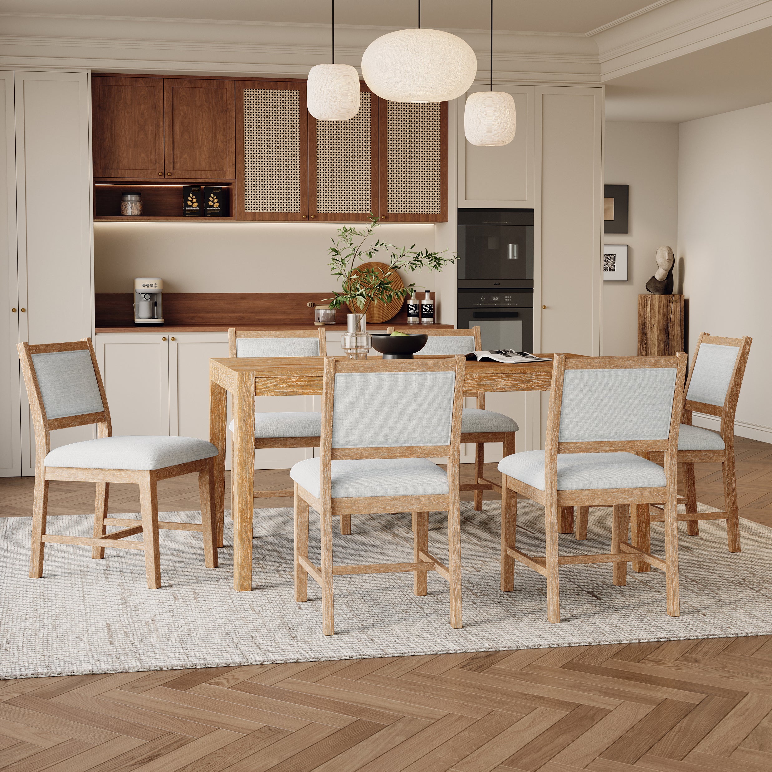 TREXM 7-Piece Retro Rectangular Wood Dining Table Set for 6 - Natural Oak Veneer & MDF with Upholstered Foam Chairs - Spacious Kitchen & Dining Room Furniture - Durable Solid Wood Legs