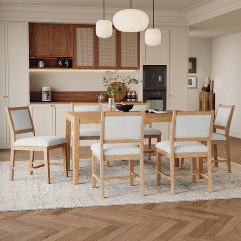 TREXM 7-Piece Retro Rectangular Wood Dining Table Set for 6 - Natural Oak Veneer & MDF with Upholstered Foam Chairs - Spacious Kitchen & Dining Room Furniture - Durable Solid Wood Legs