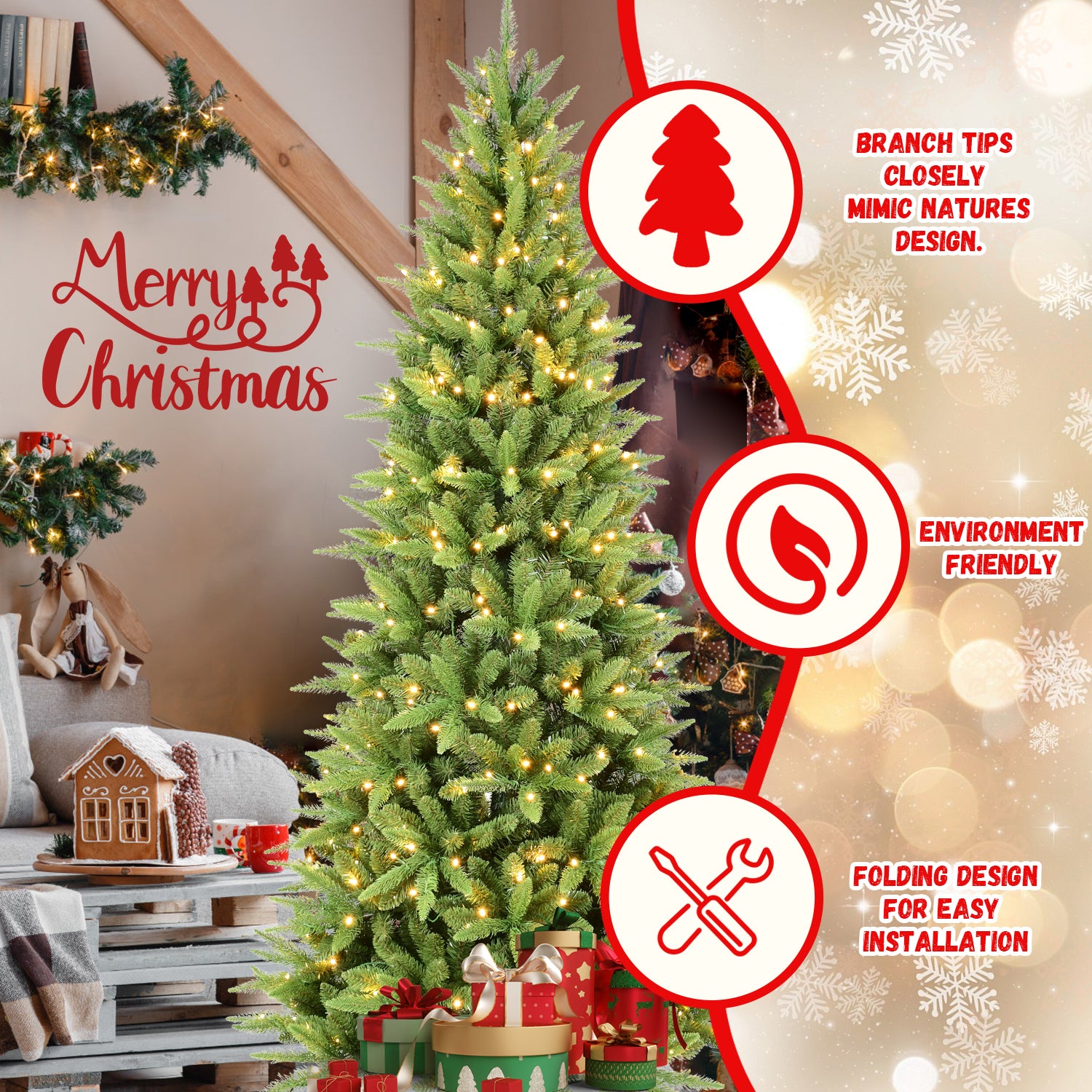 6ft Slim Pencil Christmas Tree, 300 Warm White LED Lights, 850 PE+PVC Tips, Hinged Branches, Metal Stand, Realistic Green Tree for Apartments, Small Spaces, Entryways, Offices