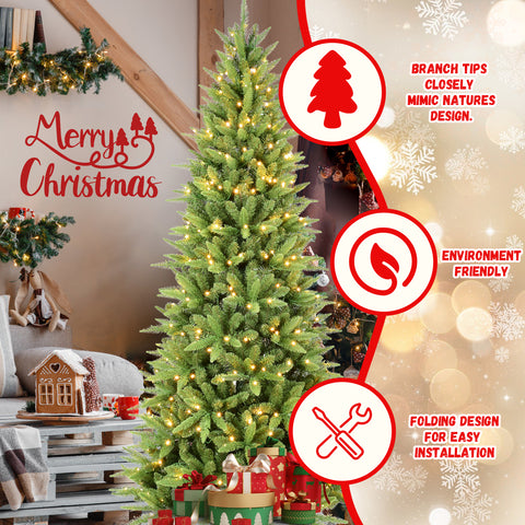 9FT Slim Pencil Christmas Tree with 650 Warm White LED Lights - Realistic PE+PVC Tree for Small Spaces, Apartments &amp; Offices - Hinged, Easy Setup, Sturdy Metal Stand - Green