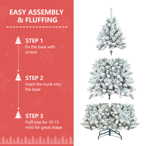 5FT Snowy Flocked Christmas Tree with Pine Cones: Full Shape PVC Artificial Holiday Tree, 600 Tips, 27 Natural Pinecones, Sturdy Metal Stand, Green &amp; White for Indoor Seasonal Decoration