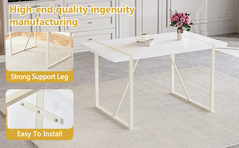 55" Cream-Style White MDF Dining Table Set with 6 Black PU Chairs & Silver Metal Legs - Modern Kitchen Furniture for Family Meals, Seats 6, Durable & Easy Assembly