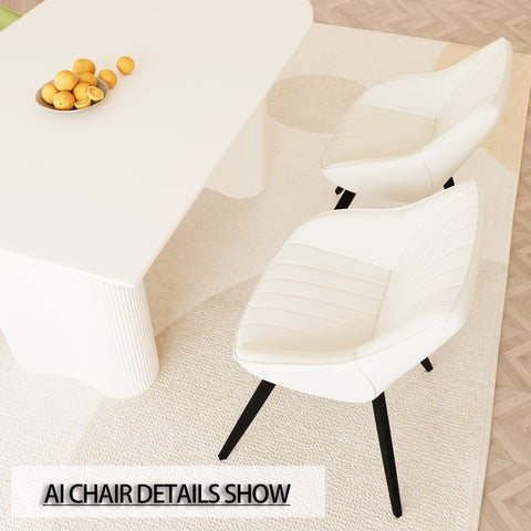 63" Medieval Modern Cream MDF Dining Table Set with 6 Beige PU Leather Chairs, Black Metal Legs, Ergonomic Design for Kitchen & Home Dining Room