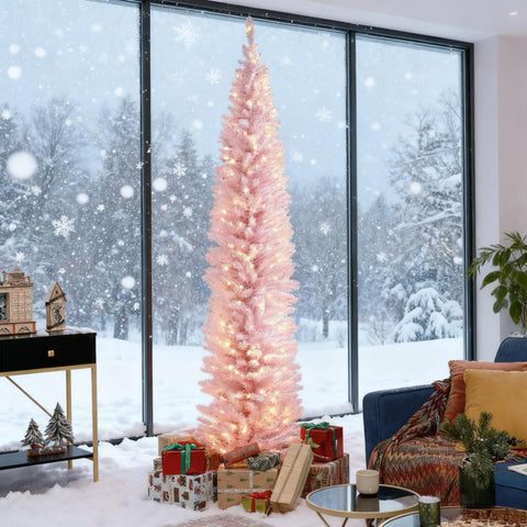 8ft Pink Pencil Christmas Tree with Warm White LED Lights | Slim, Flame-Retardant Artificial Tree for Indoor Home Decor & Small Spaces