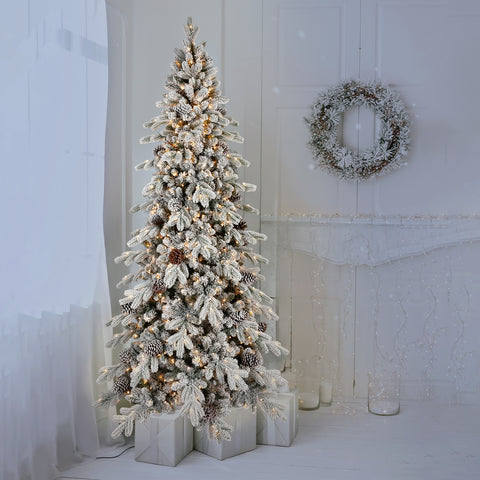 6FT Flocked Christmas Tree - 935 Tips, Snowy White &amp; Green PE/PVC Tree with 600 Warm White LEDs &amp; 31 Pine Cones. Hinged Branches, Metal Stand for Festive Home Decor