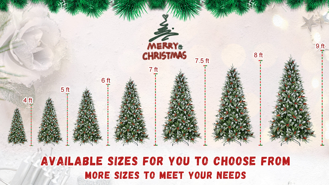 8FT Snow-Dusted Christmas Tree: 2850 Tips, Red Berries &amp; Pine Cones, Hinged PE+PVC Branches, Metal Stand – Full, Natural Holiday Decor for Living Room &amp; Home