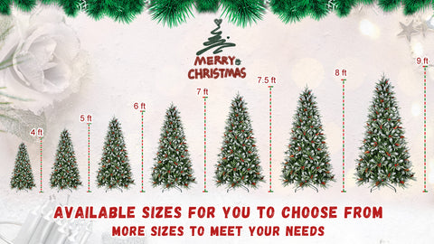 7.5FT Snow-Dusted Christmas Tree: 2514 Tips, Red Berries &amp; Pine Cones. Hinged PE+PVC Branches, Full Natural Look, Sturdy Metal Stand. Perfect for Indoor Holiday Home Decor