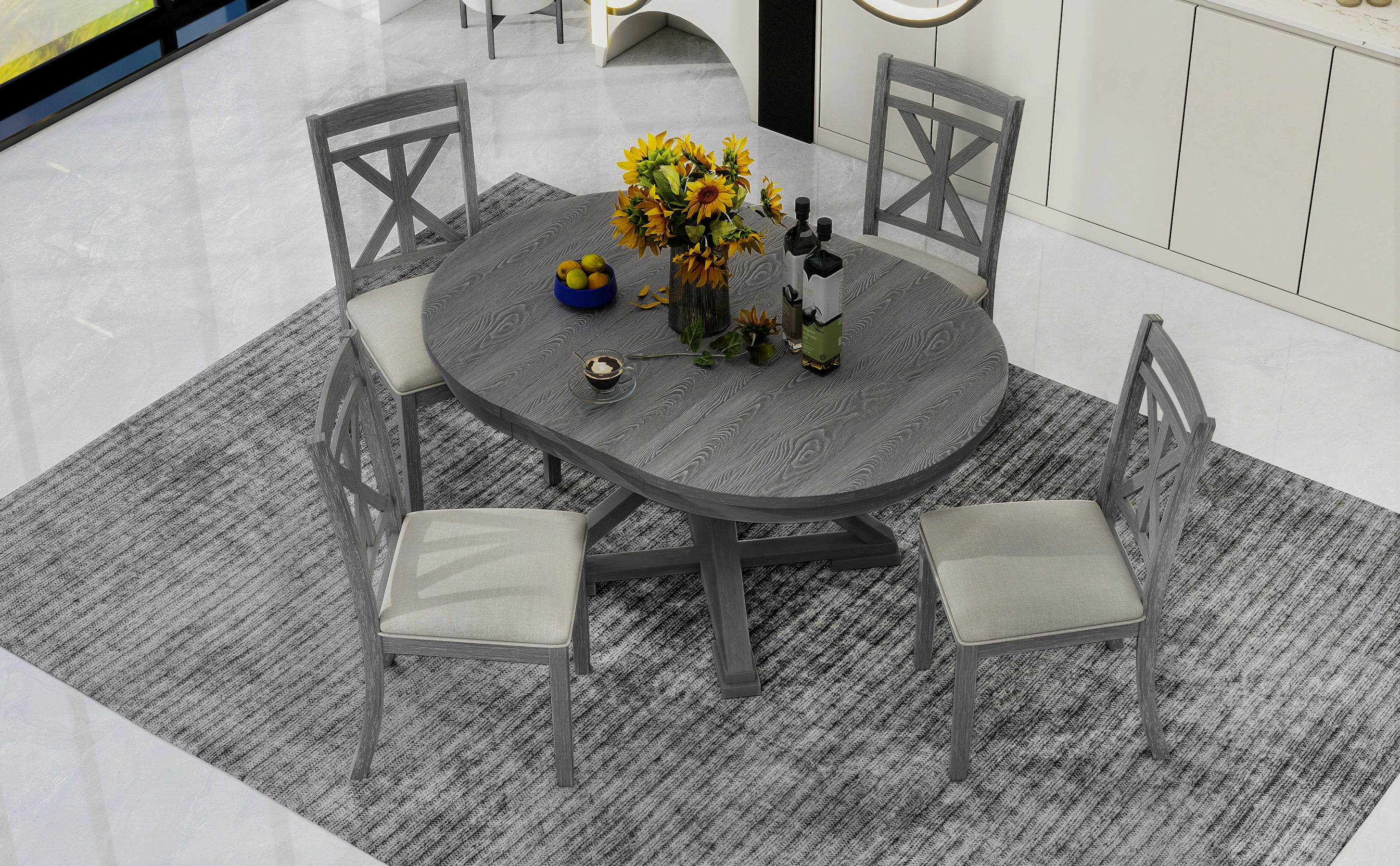 TREXM 5-Piece Extendable Round Dining Table Set for 4 - Vintage Grey Rubberwood & Linen Upholstered Chairs - 42"-54" Oval/Round Table for Kitchen, Dining Room, Living Room