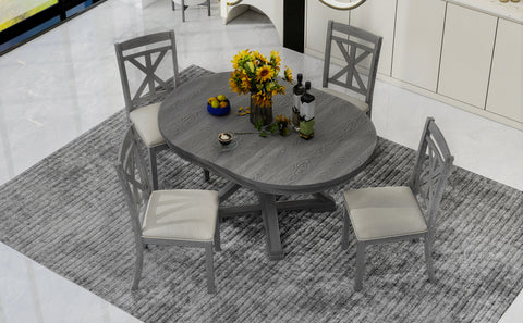 TREXM 5-Piece Extendable Round Dining Table Set for 4 - Vintage Grey Rubberwood & Linen Upholstered Chairs - 42"-54" Oval/Round Table for Kitchen, Dining Room, Living Room
