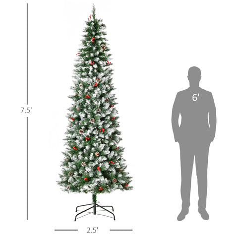 HOMCOM 7.5ft Pre-Lit Snow-Dipped Artificial Christmas Tree | 350 LED Lights, 1075 Tips, Pine Cones &amp; Berries | Realistic PVC Green Tree for Indoor Holiday Decor