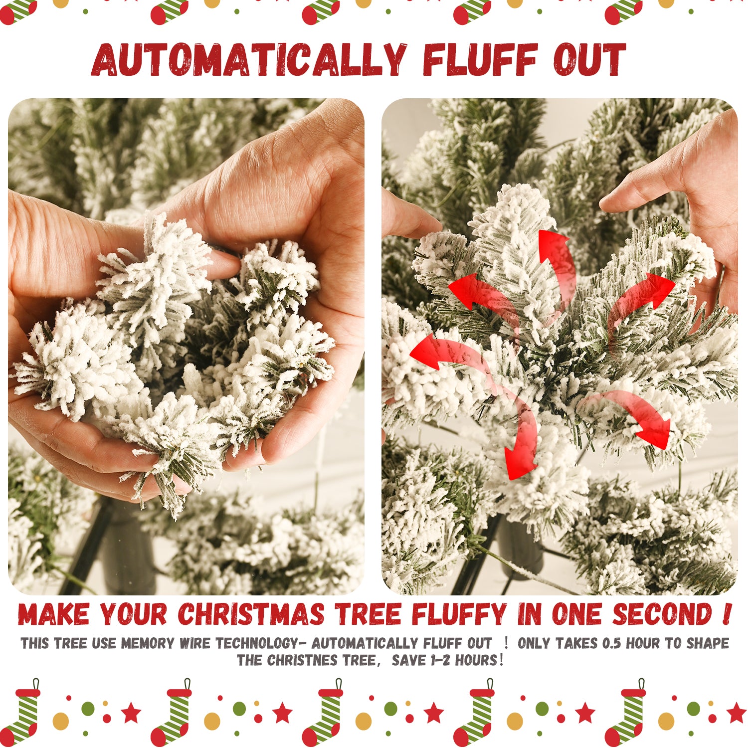 5ft Snow-Flocked Pre-Lit Christmas Tree | 200 Warm White UL Lights | 551 PVC Tips | Auto-Unfold Memory Wire | Stable Metal Stand | Snowy Holiday Decor for Home & Parties