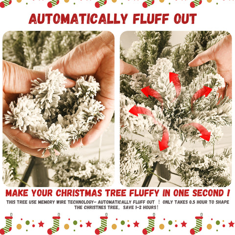 6ft Snow-Flocked Pre-Lit Christmas Tree - 300 Warm White UL Lights, Auto-Unfold Memory Wire, Easy Assembly, Stable Metal Stand - Snowy Holiday Decor for Home &amp; Office