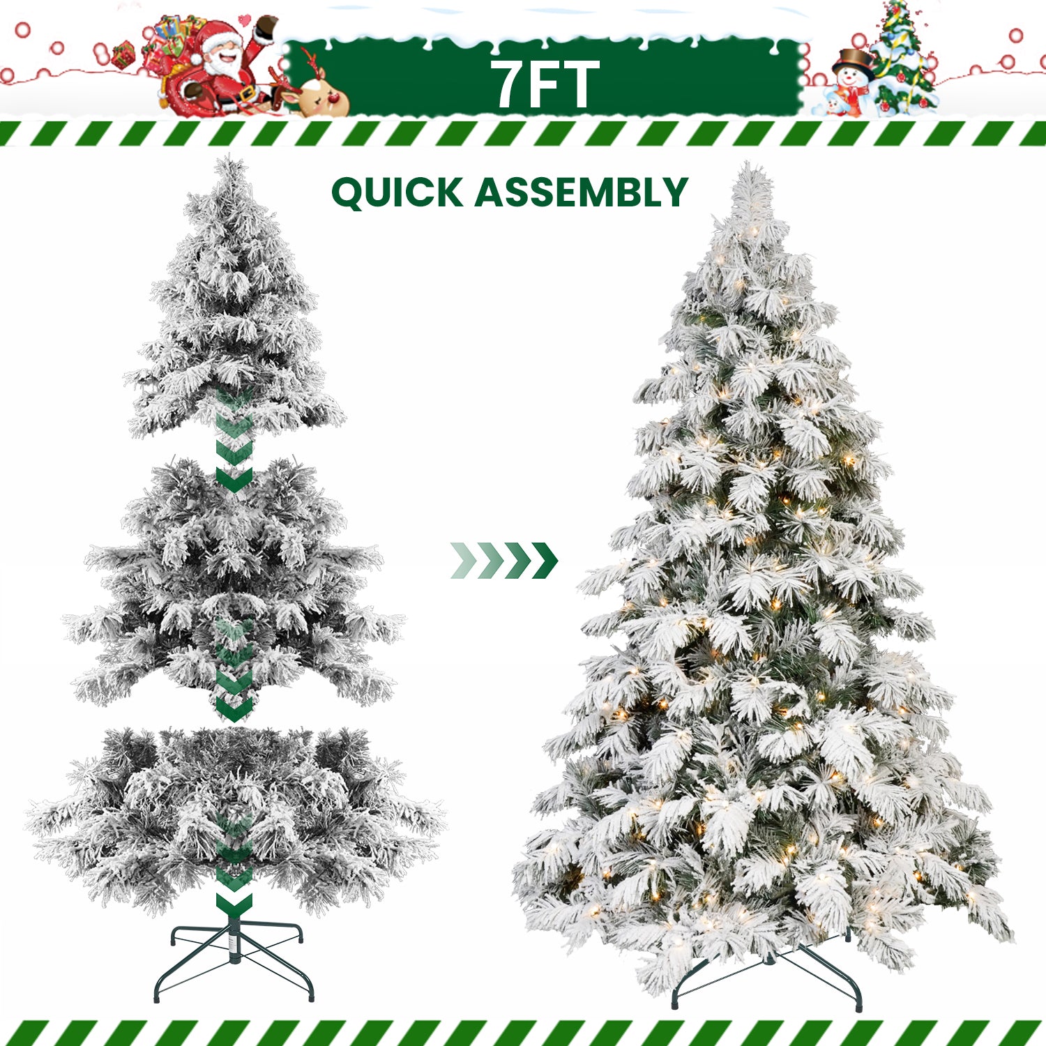 5ft Flocked Scarecrow Christmas Tree - 200 Warm White LEDs, Hinged PVC &amp; Memory Wire Branches, Snowy Winter Wonderland Decor for Home &amp; Office