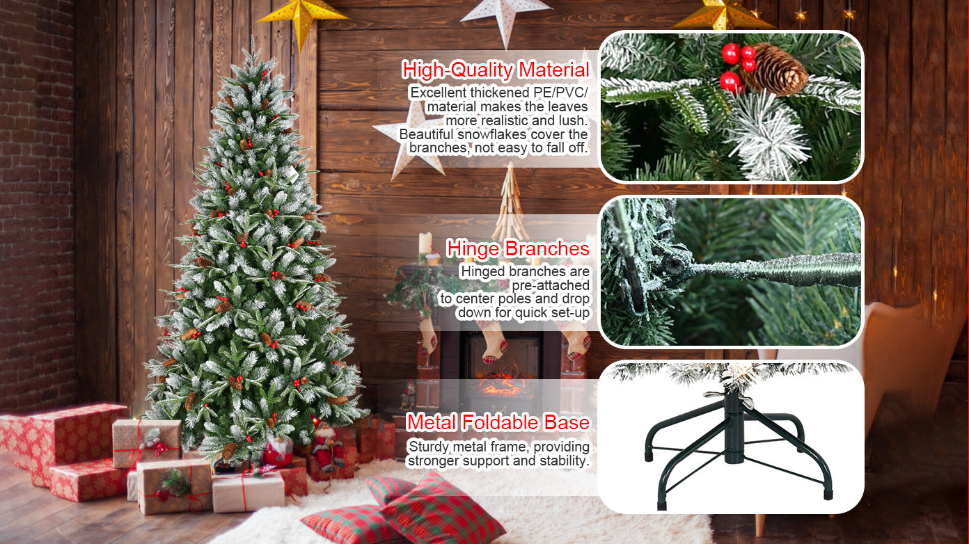 8FT Snow-Dusted Christmas Tree: 2850 Tips, Red Berries &amp; Pine Cones, Hinged PE+PVC Branches, Metal Stand – Full, Natural Holiday Decor for Living Room &amp; Home