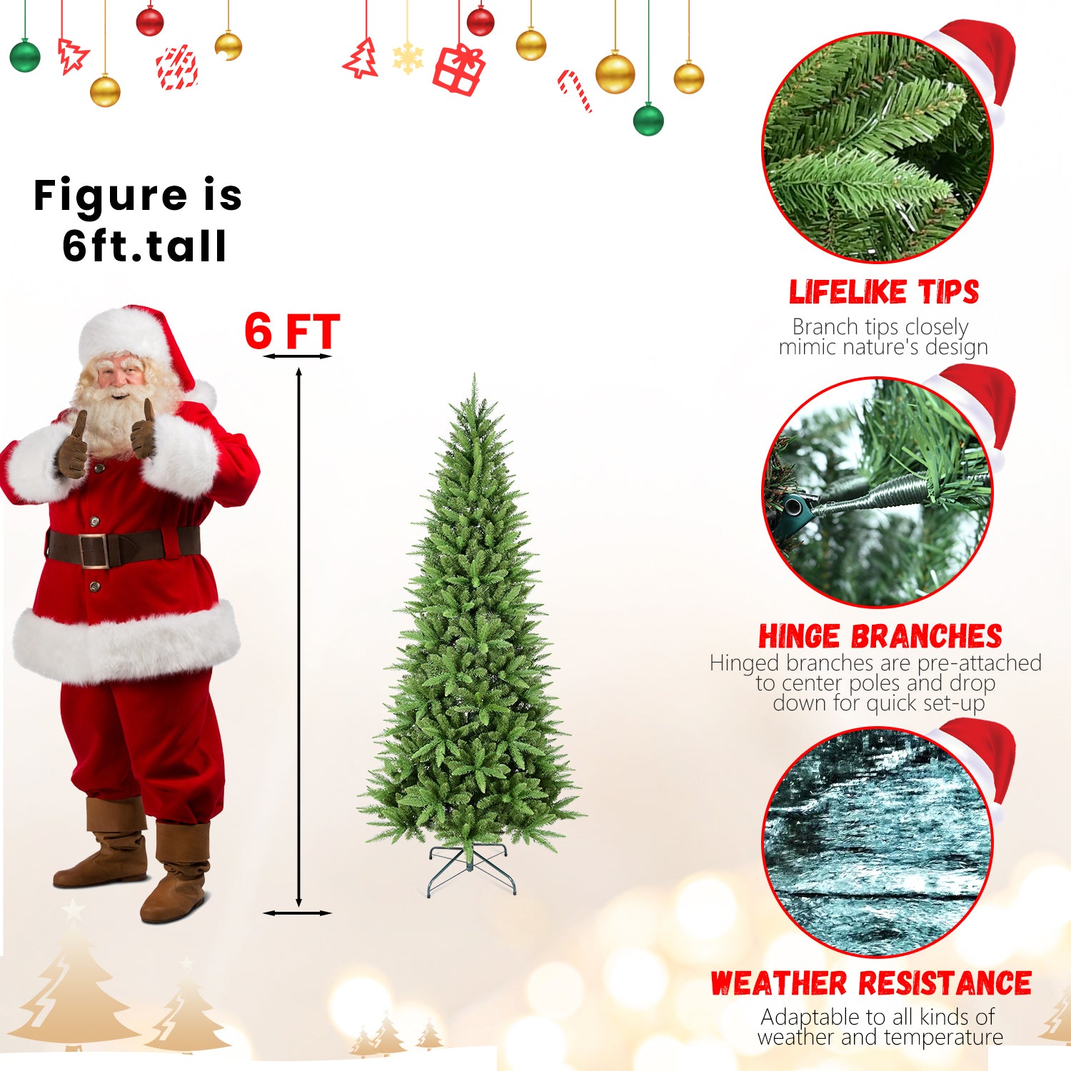 7.5FT Slim Green Christmas Tree: 1396 Realistic PE+PVC Tips, Hinged for Easy Setup, Sturdy Metal Stand - Perfect for Apartments, Corners & Small Spaces
