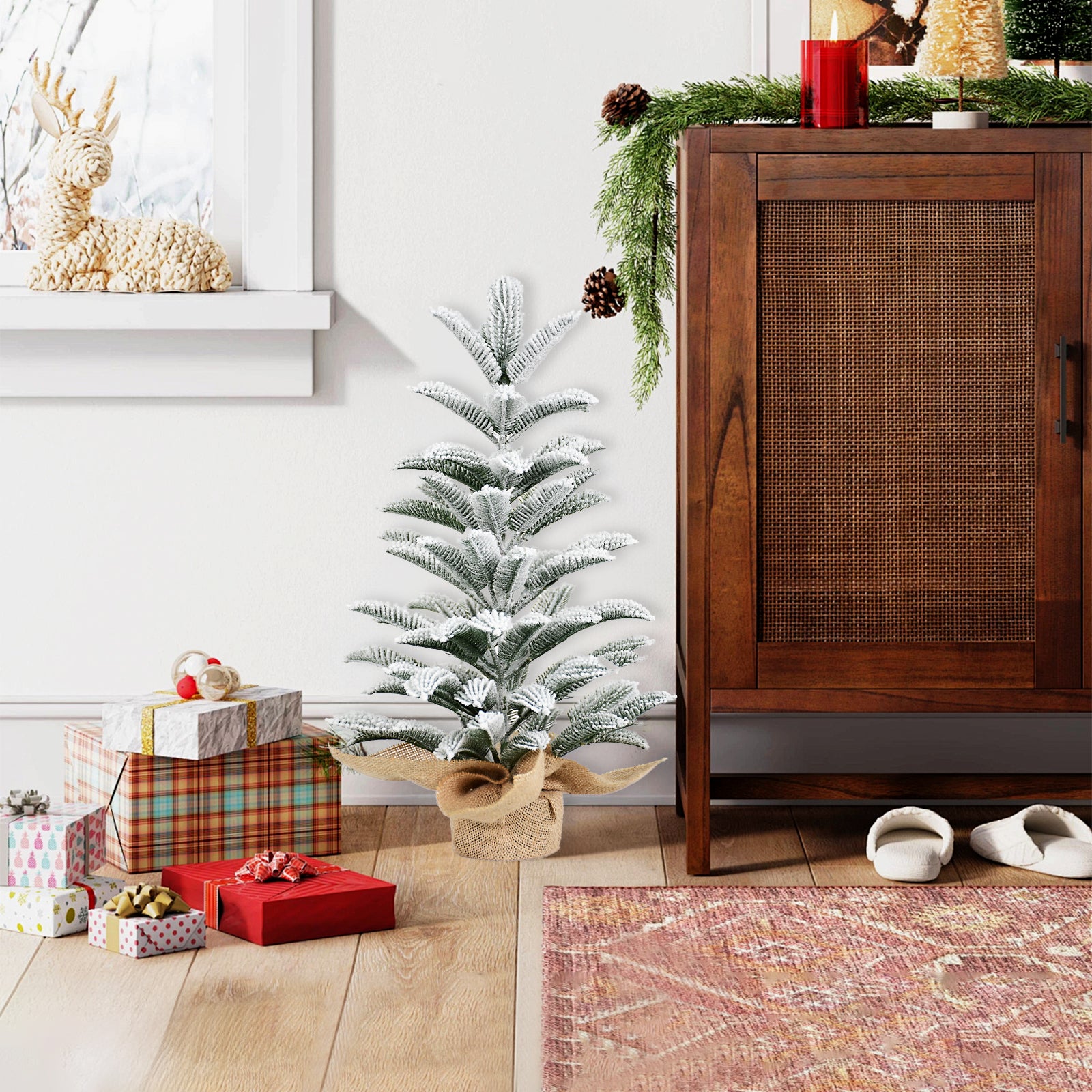 50cm Snowy PE Tabletop Christmas Tree: Realistic flocked mini tree with 85 tips &amp; burlap cement base. Perfect winter holiday decor for home, office, desk. White/Green.