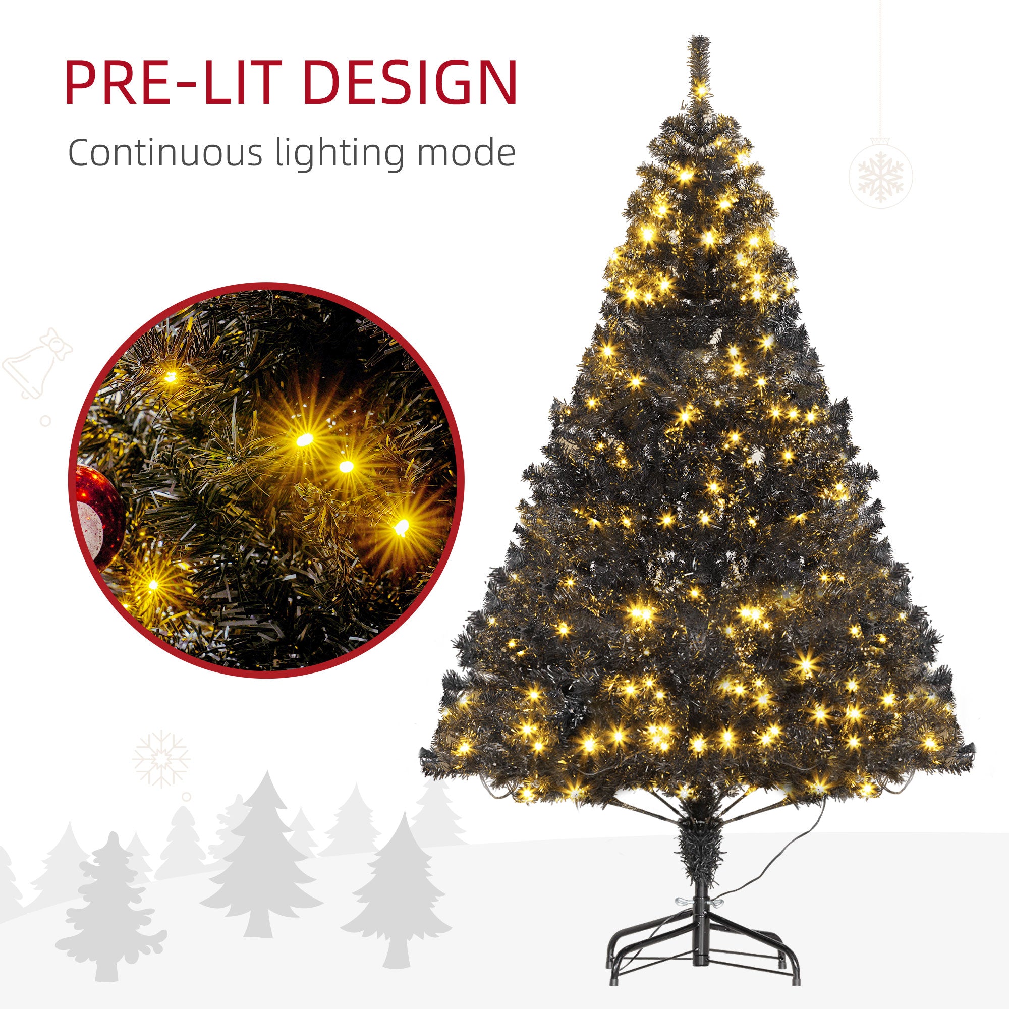 HOMCOM 6ft Black Douglas Fir Artificial Christmas Tree | 1000 Tips, 250 Warm White LED Lights | Realistic Plastic Branches, Sturdy Metal Base | Indoor Holiday Decor