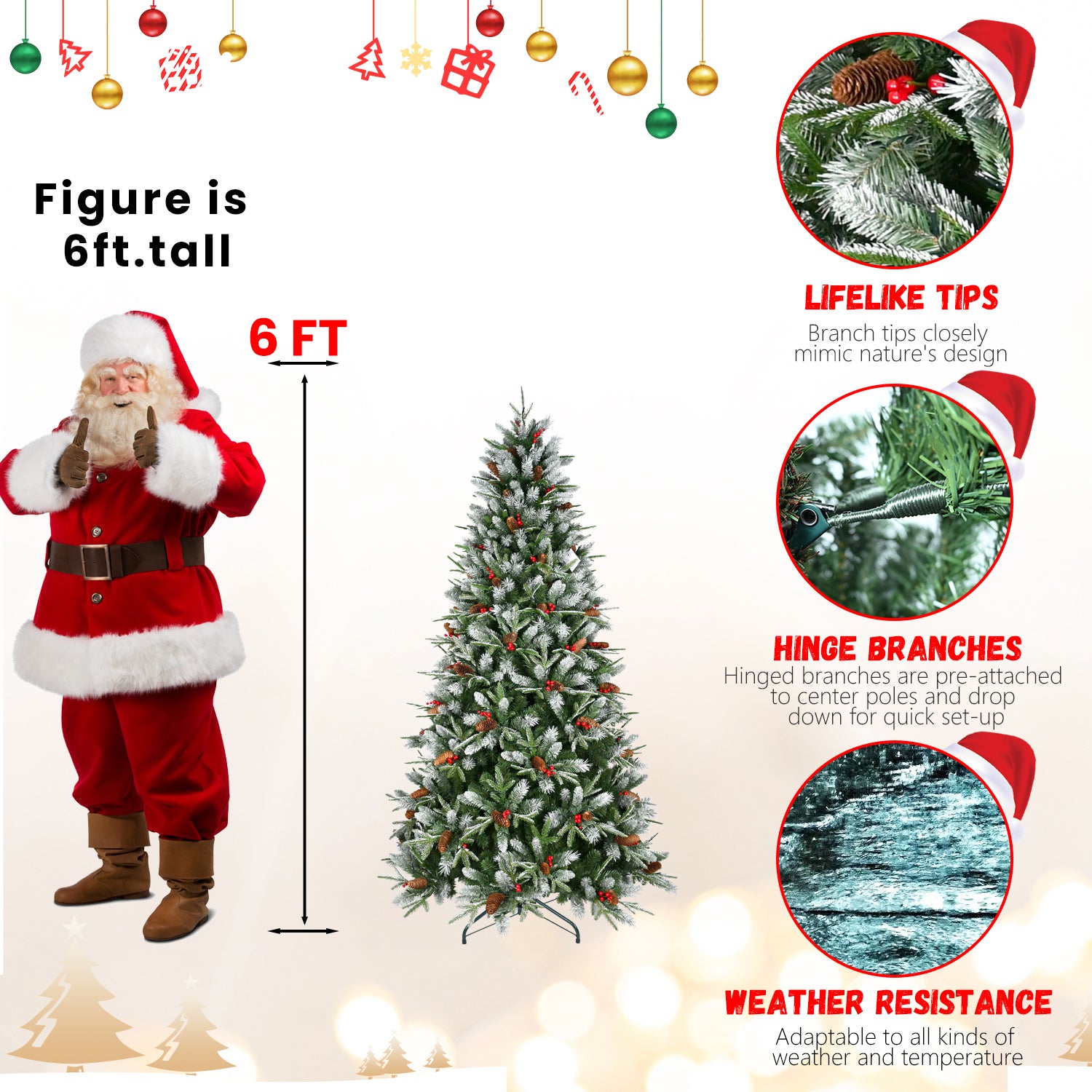 6FT Snow-Dusted Christmas Tree: 1593 Tips, Red Berries &amp; Pine Cones | Hinged PE+PVC Branches, Sturdy Metal Stand | Full, Natural Holiday Decor for Festive Indoor/Outdoor Use