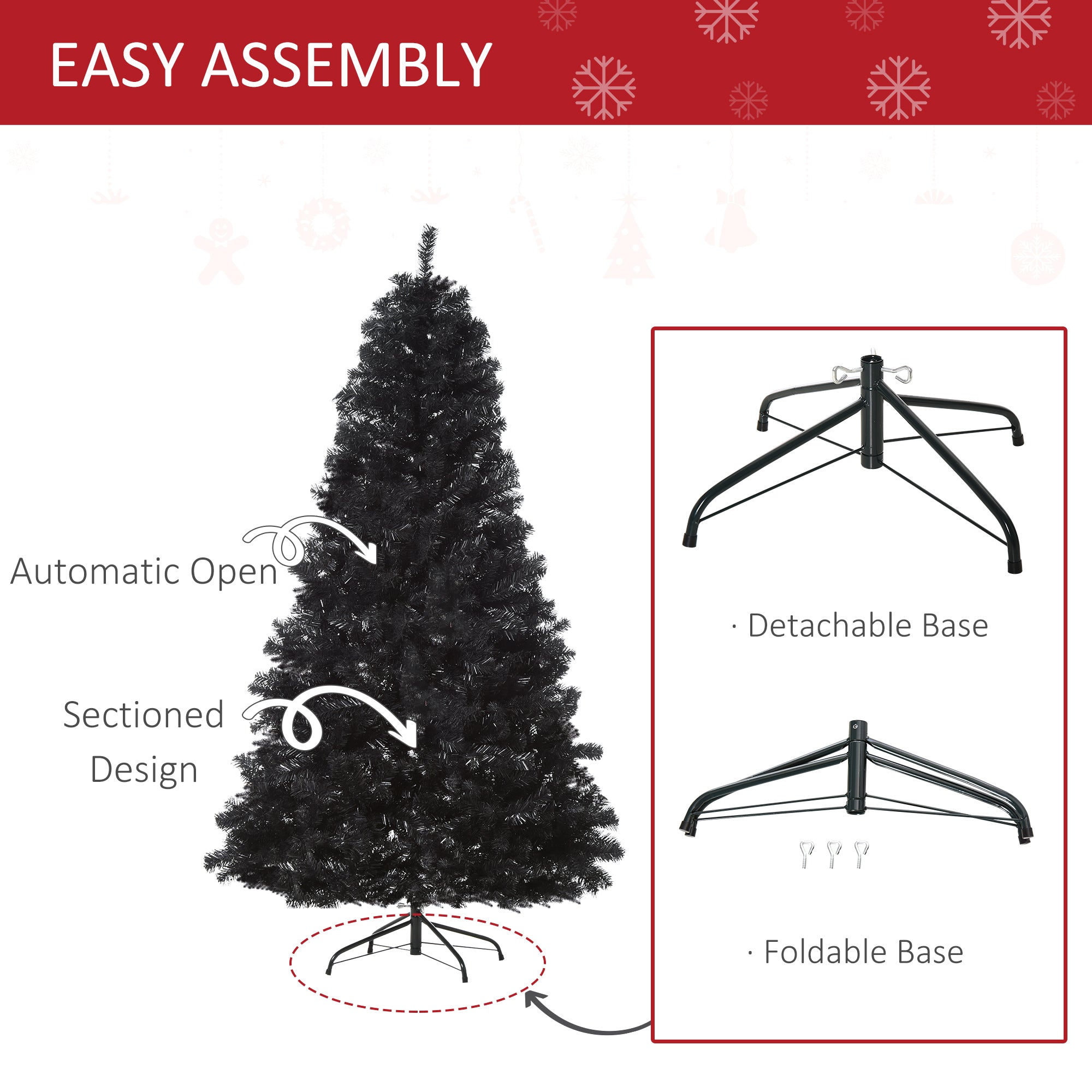 HOMCOM 7ft Black Douglas Fir Artificial Christmas Tree - Unlit, Realistic Plastic Branches, 1346 Tips, Sturdy Metal Base for Halloween & Holiday Decor