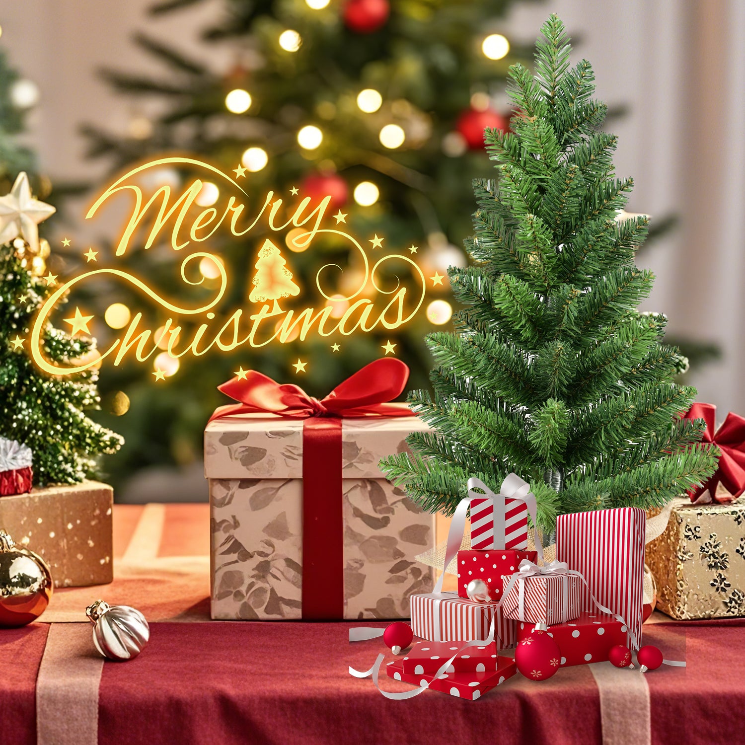 Set of 2 Small Artificial Christmas Trees, 2FT Green PVC Mini Holiday Decor with 68 Tips Each, Rustic Burlap Cement Base, Perfect for Desk, Table, Office & Home