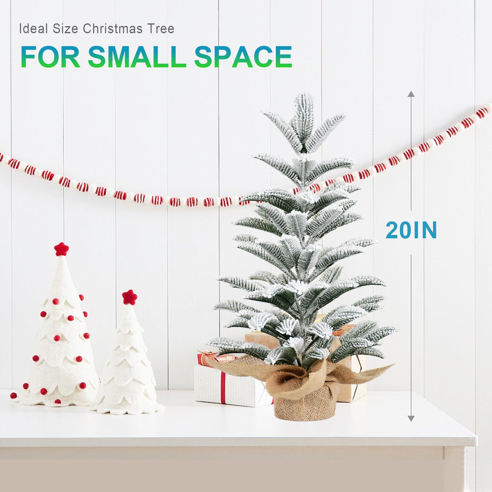 50cm Snowy PE Tabletop Christmas Tree: Realistic flocked mini tree with 85 tips &amp; burlap cement base. Perfect winter holiday decor for home, office, desk. White/Green.