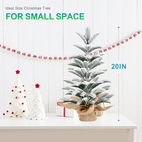 50cm Snowy PE Tabletop Christmas Tree: Realistic flocked mini tree with 85 tips &amp; burlap cement base. Perfect winter holiday decor for home, office, desk. White/Green.