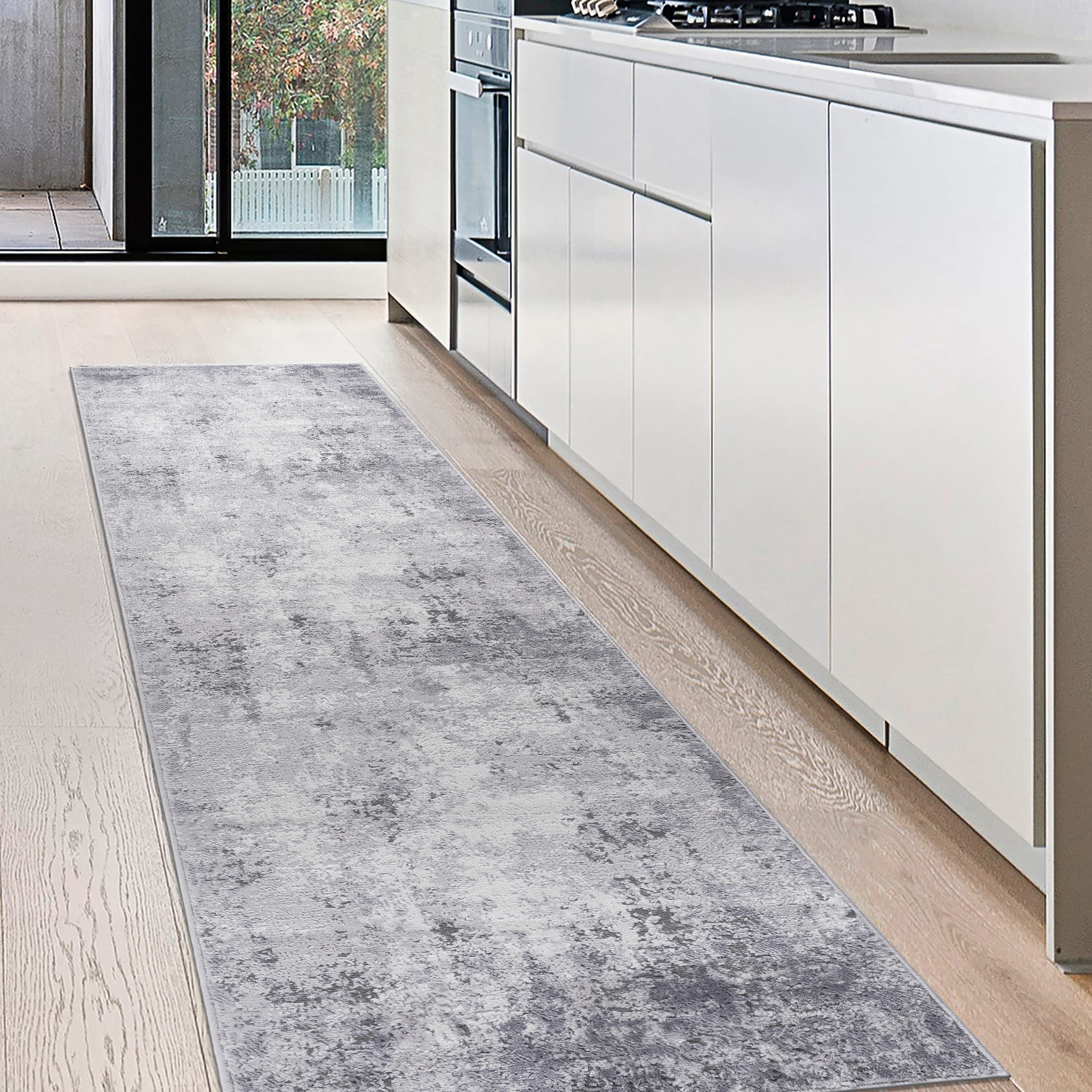 MARFI Collection 2'x8' Light Grey Abstract Runner Rug - Stain Resistant, Non-Shedding Polyester for Entryway, Hallway, Kitchen, Office - Durable, Easy Care, 0.35" Pile