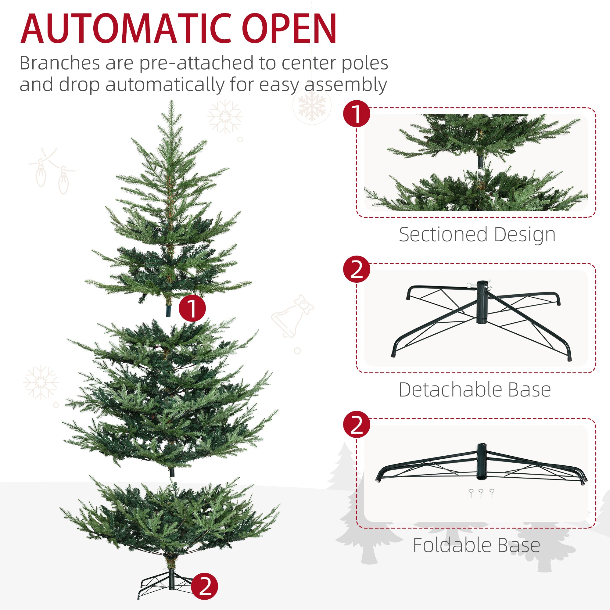 HOMCOM 7.5ft Green Pine Artificial Christmas Tree: Auto-Open Hinged Xmas Tree with 1218 Realistic Branches & Steel Base - Easy Setup & Storage for Cozy Holiday Home Decor