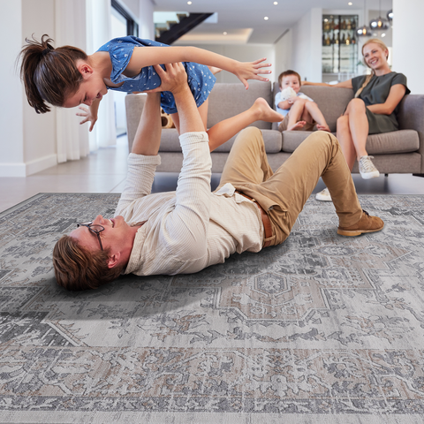 MARFI Collection 5x7 Oriental Area Rug - Stain-Resistant, Non-Shedding Polyester in Ivory/Beige, Durable & Easy Maintenance for Living Room, Bedroom, Entryway, Turkey Made