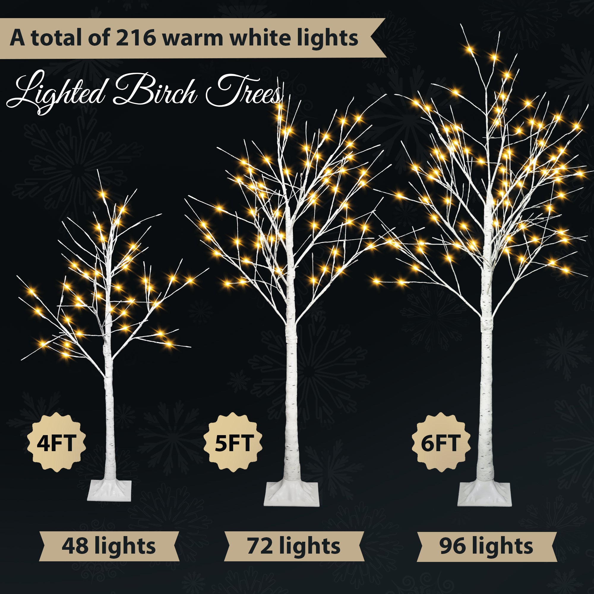 Set of 3 Lighted White Birch Trees (4ft, 5ft, 6ft) with 216 Warm White LEDs - Flexible Artificial Trees for Indoor/Outdoor Holiday &amp; Party Decoration