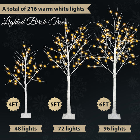 Set of 3 Lighted White Birch Trees (4ft, 5ft, 6ft) with 216 Warm White LEDs - Flexible Artificial Trees for Indoor/Outdoor Holiday &amp; Party Decoration
