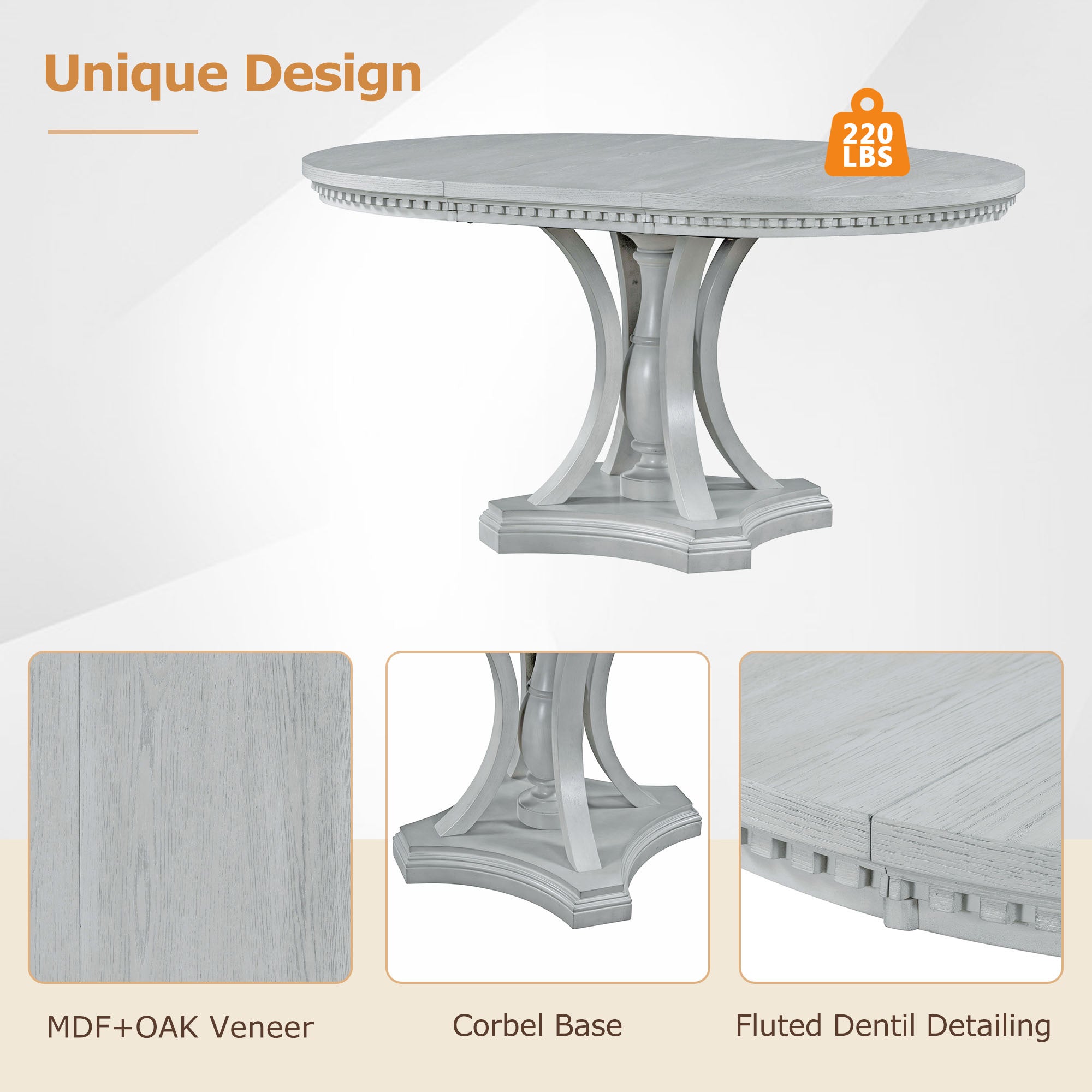 TREXM Extendable Round Dining Set for 4 | Retro 5-Piece Kitchen Table & Chairs | Antique Gray Oak Veneer MDF | 42"-58" Table | Farmhouse Style for Dining Room